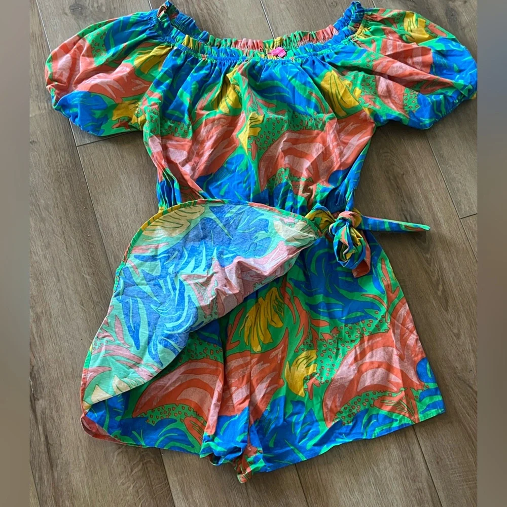 Flying Tomato Multicolor Patterned Off the Shoulder Romper with Wrap Skirt Large - Picture 2 of 7